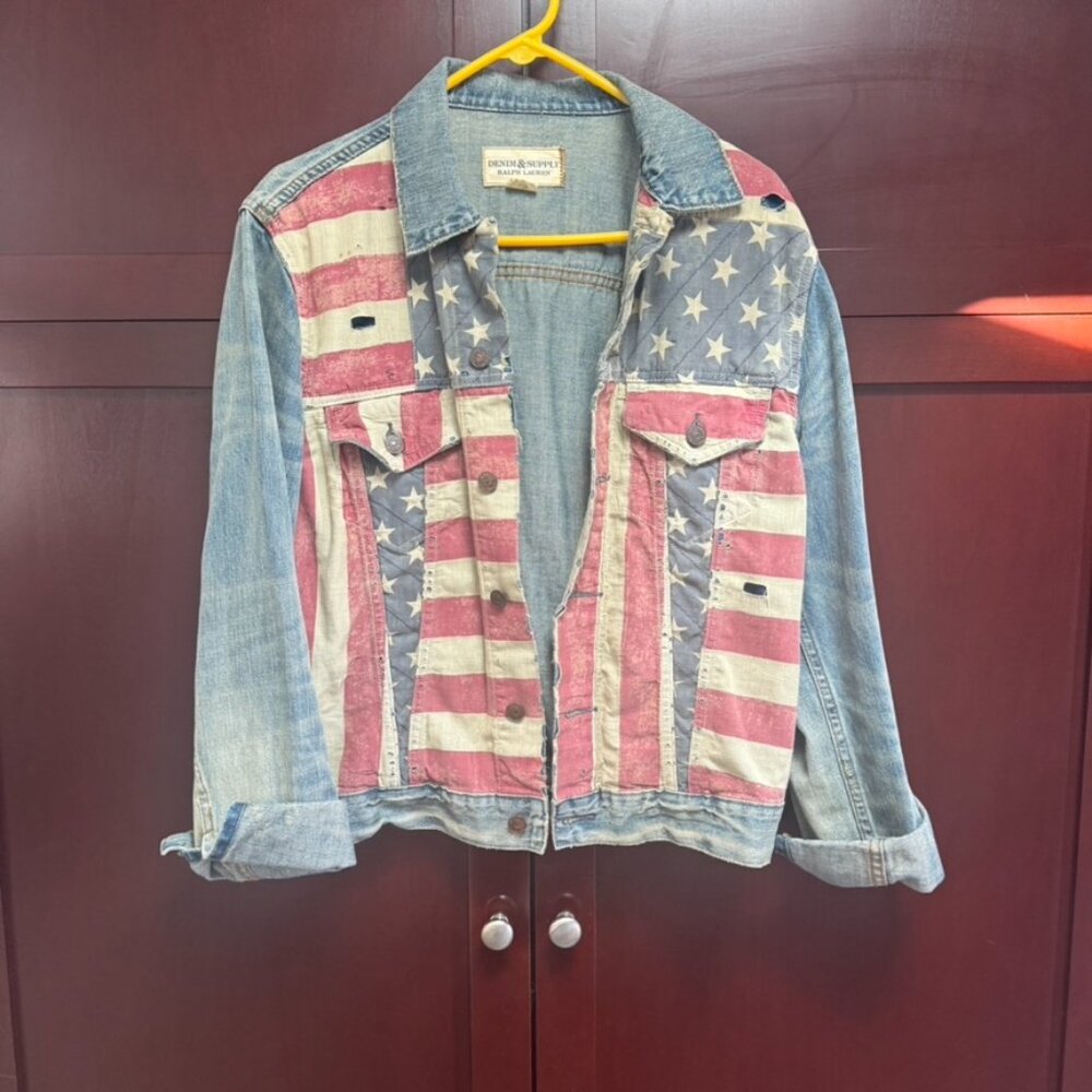 Ralph Lauren Denim and Supply Distressed American Flag Denim Jacket Medium